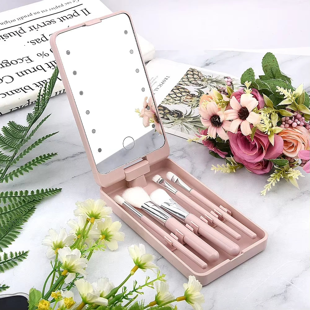 Compact 360° Foldable LED Makeup Mirror with 5 Cosmetic Brushes Storage Box - Perfect for On-the-Go Beauty!