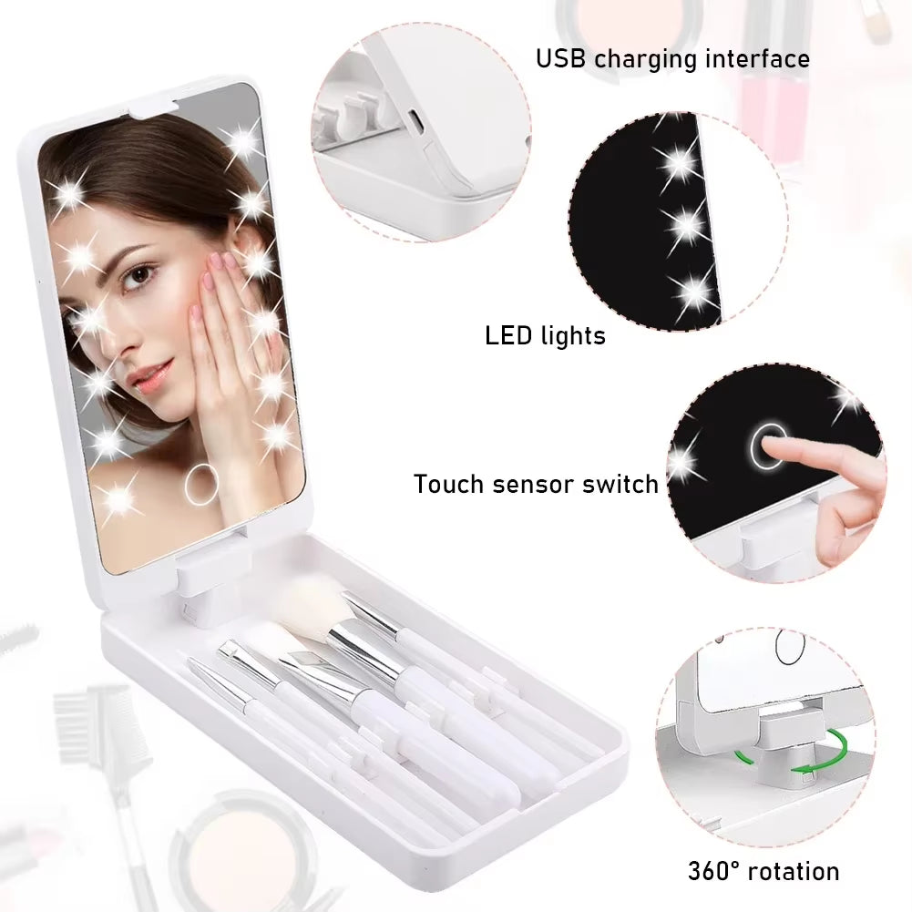Compact 360° Foldable LED Makeup Mirror with 5 Cosmetic Brushes Storage Box - Perfect for On-the-Go Beauty!