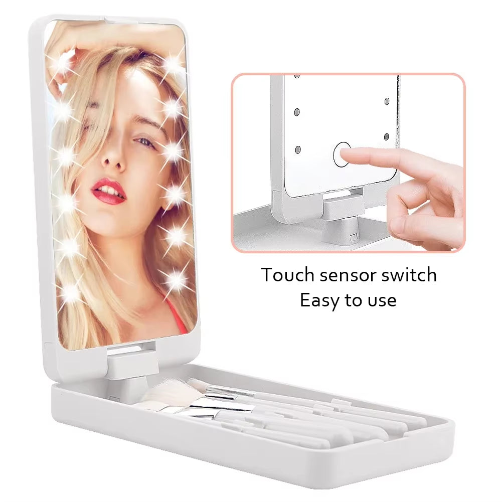 Compact 360° Foldable LED Makeup Mirror with 5 Cosmetic Brushes Storage Box - Perfect for On-the-Go Beauty!