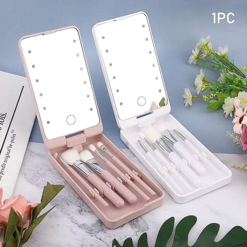 Compact 360° Foldable LED Makeup Mirror with 5 Cosmetic Brushes Storage Box - Perfect for On-the-Go Beauty!