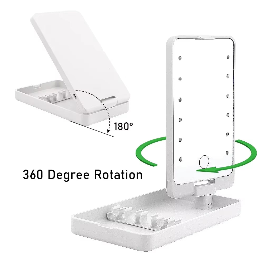Compact 360° Foldable LED Makeup Mirror with 5 Cosmetic Brushes Storage Box - Perfect for On-the-Go Beauty!