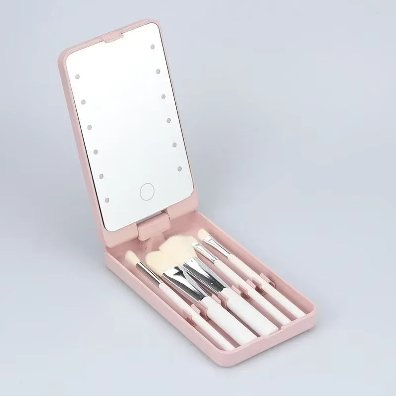 Compact 360° Foldable LED Makeup Mirror with 5 Cosmetic Brushes Storage Box - Perfect for On-the-Go Beauty!
