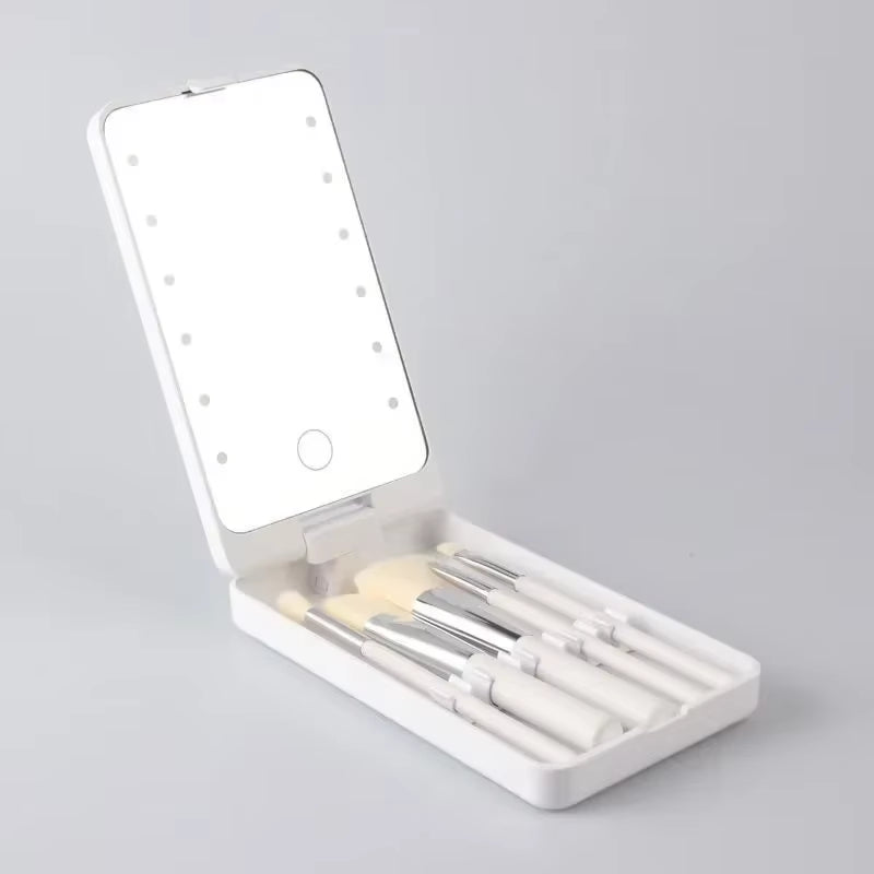 Compact 360° Foldable LED Makeup Mirror with 5 Cosmetic Brushes Storage Box - Perfect for On-the-Go Beauty!