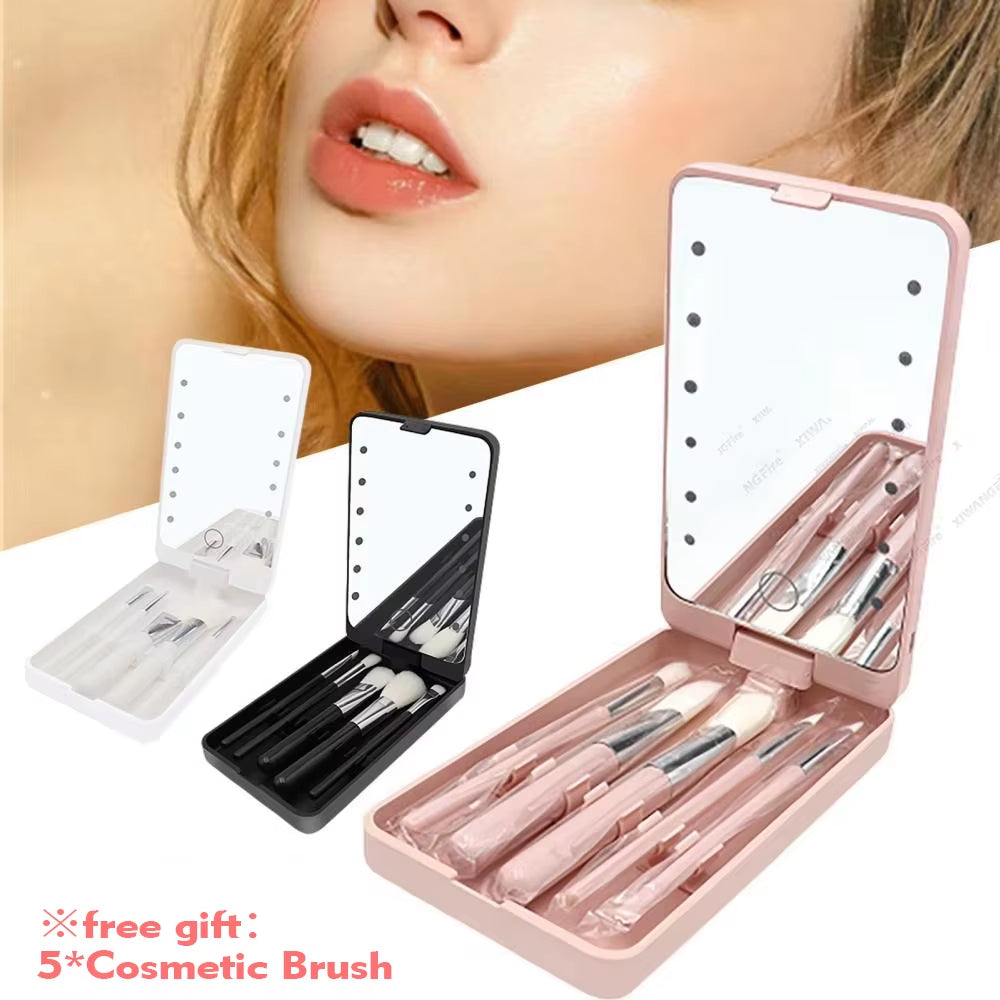 Compact 360° Foldable LED Makeup Mirror with 5 Cosmetic Brushes Storage Box - Perfect for On-the-Go Beauty!