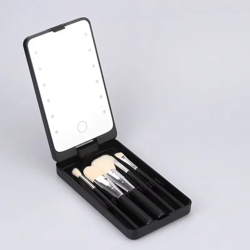 Compact 360° Foldable LED Makeup Mirror with 5 Cosmetic Brushes Storage Box - Perfect for On-the-Go Beauty!